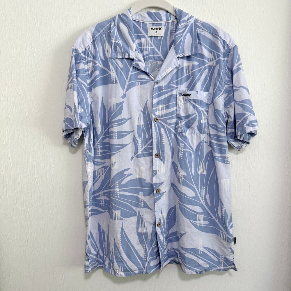 Sig Zane x Hurley Mens Hawaiian Aloha Shirt M Blue Leaf Print Button Up Collared